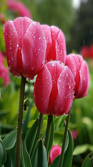 雨后粉色郁金香花园虚幻水滴晶莹