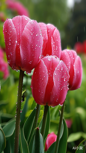 雨后粉色郁金香花园虚幻水滴晶莹