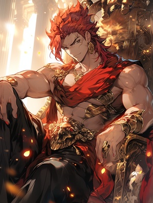 Apollo, the sun god, fiery red hair, handsome muscle, golden throne, flame, luxurious palace.,