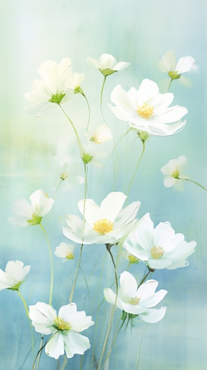 white flowers are very attractive, in the style of soft and dreamy depictions, uhd image, serene watercolors, light emerald, soft, dreamy scenes, hazy, pentax 645n ar 9:16