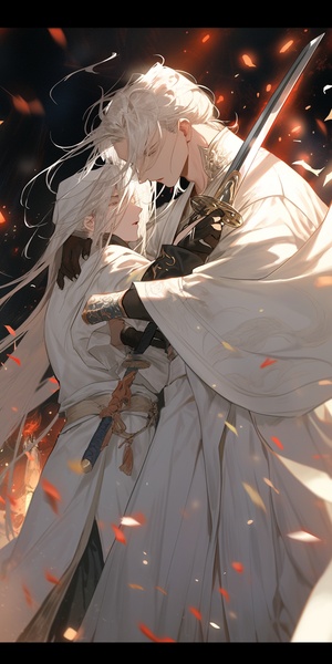 A man with short black hair holding a huge sword in his hand. A man with long white hair, wearing a white robe, with scars on his face, two people fighting each other, swords clashing and slashing, dynamic shooting, anime style, precision art, 8K resolution, airbrush art (two people) niji 5 ar 3:4