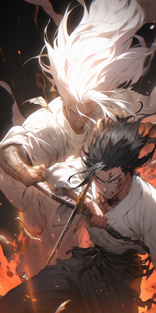 A man with short black hair holding a huge sword in his hand. A man with long white hair, wearing a white robe, with scars on his face, two people fighting each other, swords clashing and slashing, dynamic shooting, anime style, precision art, 8K resolution, airbrush art (two people) niji 5 ar 3:4