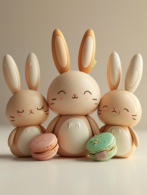 three views of a rabbit toy , chibi , kawaii , cute and dreamy , smile , big head , short body , blind box style , simplistic vector art , full body shot , macarons color tones ,3D,C4D, Octane rendering , Blender , high resolution ar 2:1- niji 5 style expressive s 250