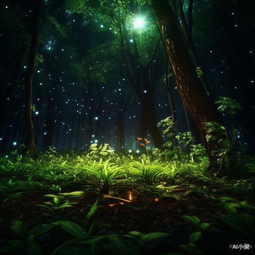 Twinkling Fireflies in the Primeval Forest at Night