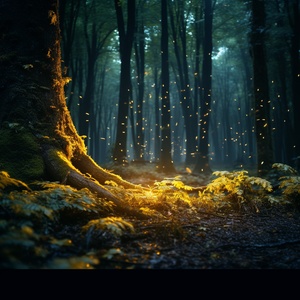 in the primeval forest at night, twinkling fireflies, beautiful colorful lights emanate In the distant forest, cinematic scene,8k, realistic, cinematic,hollywood-style,natural light ar 16:9 v 6.0