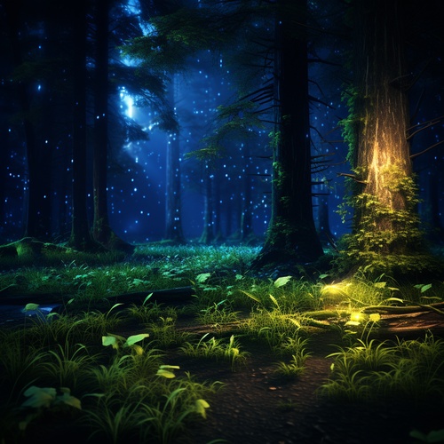 in the primeval forest at night, twinkling fireflies, beautiful colorful lights emanate In the distant forest, cinematic scene,8k, realistic, cinematic,hollywood-style,natural light ar 16:9 v 6.0