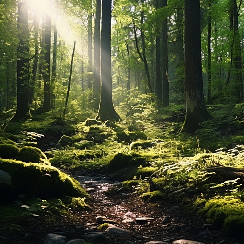 crossing the primeval forest scene, midday sunlight, Sunlight streaming through the forest, the enigmatic atmosphere of the primeval forest,cinematic scene,8k, realistic, cinematic,hollywood-style,natural light ar 16:9 v 6.0