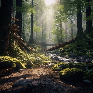 crossing the primeval forest scene, midday sunlight, Sunlight streaming through the forest, the enigmatic atmosphere of the primeval forest,cinematic scene,8k, realistic, cinematic,hollywood-style,natural light ar 16:9 v 6.0