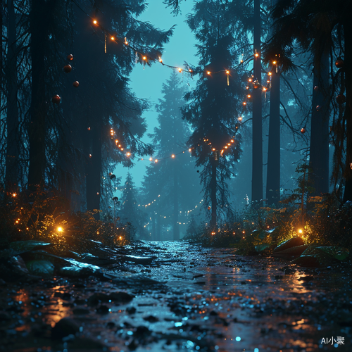 8K Cinematic Scene: Christmas Lights Illuminate Primeval Forest