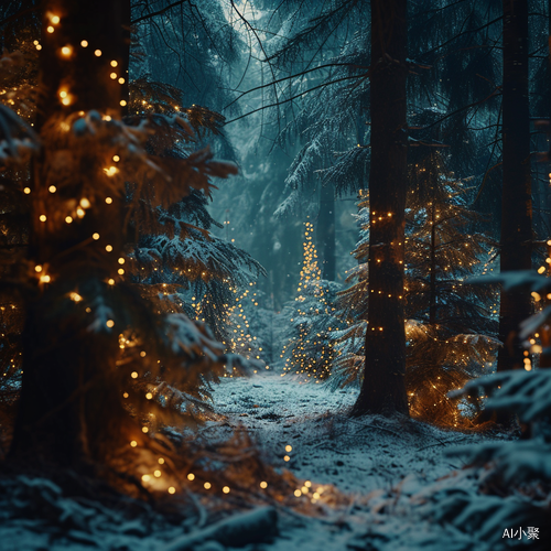 8K Cinematic Scene: Christmas Lights Illuminate Primeval Forest