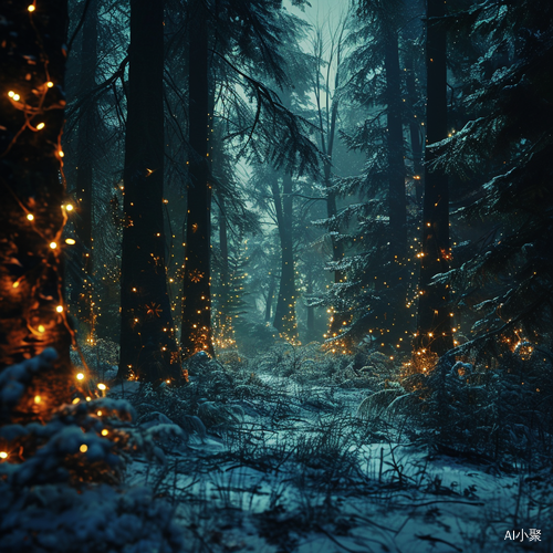 8K Cinematic Scene: Christmas Lights Illuminate Primeval Forest