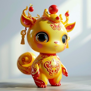 Blind box style , the main body is Kirin , the image is cute , the shape is simple , showing a complete image and exquisite expression , studio background , red and yellow color matching , ceramic texture , full body natural light ,8K, best image quality , super details ,3D,C4D. Blender , OC renderer , ultra high definition ,3D rendering黄色眼睛，凤尾