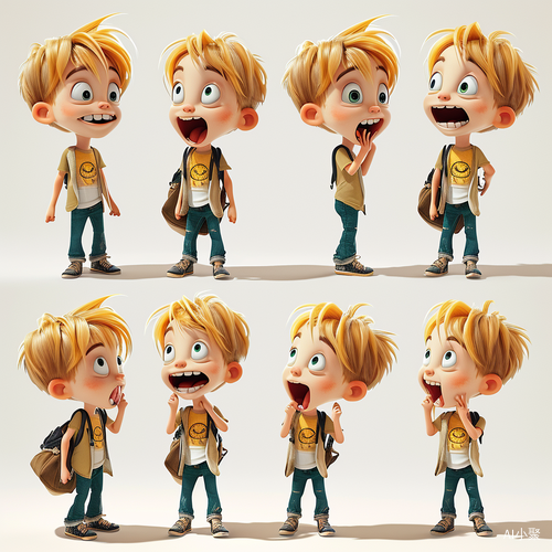 A Little Boy with Yellow Hair and Multiple Expressions