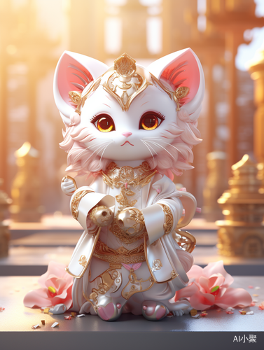 金色服装的动漫猫雕像：3D游戏艺术风格的中国新年庆祝活动