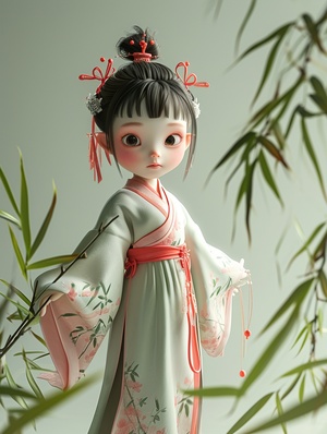 Full body portrait , standing , a super cute girl , fairy , in Hanfu , chibi , delicate hairstyle , elaborate clothing , big eyes , POP MART blind box , ultra - realistic fashion , bamboo leaves , green tone , bright color , simple background , soft light , studio lighting , octane rendering , transparent material , best quality ,C4D, blender ,3D.