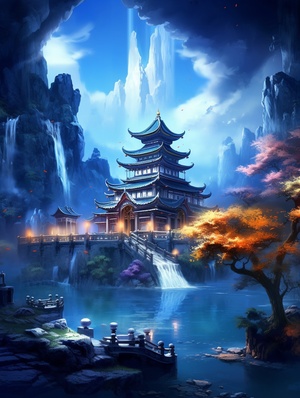 Chinese style, the place where Chinesegods live, at night, mountains and rivers,pavilions, magnificent, lights, bright lights,Chinese style palaces, palaces, inlaid withgold, clouds and mist, fairy air, summer,night, large lights, no dark corners, 3Dfairy game painting style, rich details,high-definition, ice blue, cool colors,shocking scenes, grand,game screenstyle,16kar3:4s 200q5v5.2