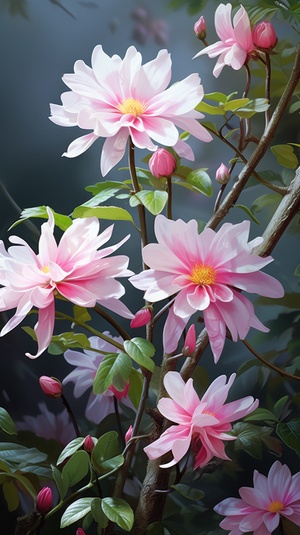 Here is a jasmine. It's pink. The petals are as deep as the sea and as crystal as dew. There are many green leaves on the branches, as well as crystal white button chrysanthemums. It can feel the loyalty and purity of love. Hard disk