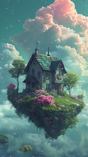 Dream house floating in the air, cotton candy clouds, watermelon clouds, small flowers, grass, flowers,lake, light green background, dream, fairy tale,HD ar 9:16