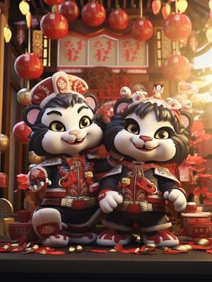 3D illustration featuring a pair of twin black-and-white cats joyfully performing a lion dance in traditional Chinese attire against a backdrop of festive red Chinese New Year decorations. The cats, dressed in intricate traditional clothing, add a playful and charming touch to the scene. The background is adorned with the words "HAPPY NEW YEAR," and elements like lanterns, coins, and leaves further enhance the joyful spirit of the occasion.