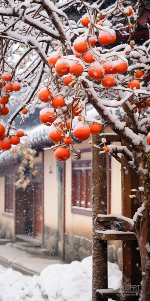 一颗柿子树挂满柿子，下雪，厚厚白雪，江南小镇，雪花，摄影