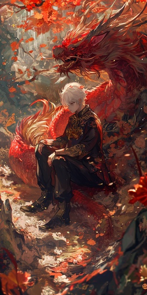 anime boy sitting on a pile of red and gold dragon, loong, handsome japanese demon boy, cai xukun, by Shitao, white haired deity, by Yang J, as an anthropomorphic dragon, at pixiv, keqing from genshin impact, detailed fanart, nagito komaeda, pixiv contest winner niji 5 ar 3:4