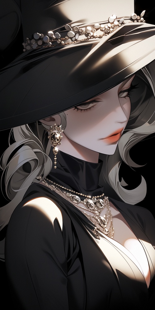 a female costume with a long hat, necklaces and earrings, in the style of [yuumei], realistic hyper-detailed portraits, [carl eugen keel], official art, [patrick nagel], havencore, dark gold and light black niji 5 ar 3:4