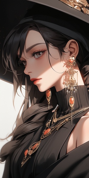 a female costume with a long hat, necklaces and earrings, in the style of [yuumei], realistic hyper-detailed portraits, [carl eugen keel], official art, [patrick nagel], havencore, dark gold and light black niji 5 ar 3:4