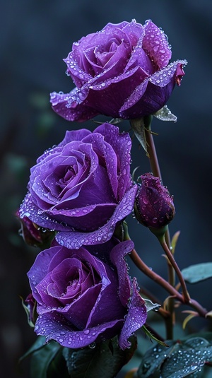 three Purple roses are shown with drops on them, in the style of 32k uhd, saurabh jethani, guy rose, beautiful, maggi hambling, nature, canon 7 ar 9:16 v 5.1