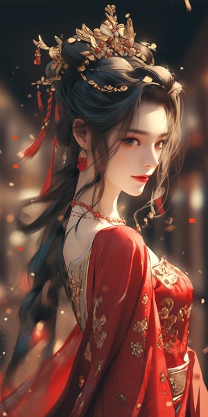 Ancient,beauty,,wedding,dress,,long,black,hair,,delicate,makeup,,exquisite,hair,accessories,,neck,ornaments,,ear,ornaments,,Fengguan,Xia,,wearing,luxurious,and,atmospheric,red,and,gold,pattern,Han,costume,,hazy,sense,,eyes,looking,at,the,camera,,surrounded,by,red,balloons,,emitting,atmosphere,around,the,body,light,,auditorium,background,,dreamlike,sense,,hazy,sense,,ancient,style,,perfect,composition,,fine,details,,movie,texture,,8k,,masterpiece,,quadratic,illustration.,s200,niji5