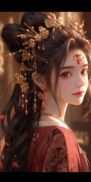 Ancient,beauty,,wedding,dress,,long,black,hair,,delicate,makeup,,exquisite,hair,accessories,,neck,ornaments,,ear,ornaments,,Fengguan,Xia,,wearing,luxurious,and,atmospheric,red,and,gold,pattern,Han,costume,,hazy,sense,,eyes,looking,at,the,camera,,surrounded,by,red,balloons,,emitting,atmosphere,around,the,body,light,,auditorium,background,,dreamlike,sense,,hazy,sense,,ancient,style,,perfect,composition,,fine,details,,movie,texture,,8k,,masterpiece,,quadratic,illustration.,s200,niji5