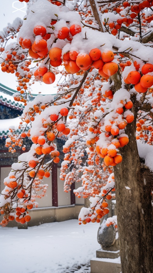 一颗柿子树挂满柿子，下雪，厚厚白雪，江南小镇，雪花，摄影