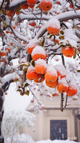 柿子树下的江南小镇白雪摄影