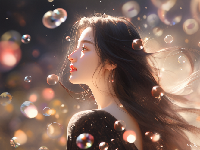 woman standing in the air with bubbles and a surreal background