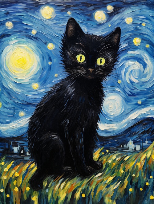 a cute little black cat,many stars in the sky,full shot,Van Gogh art