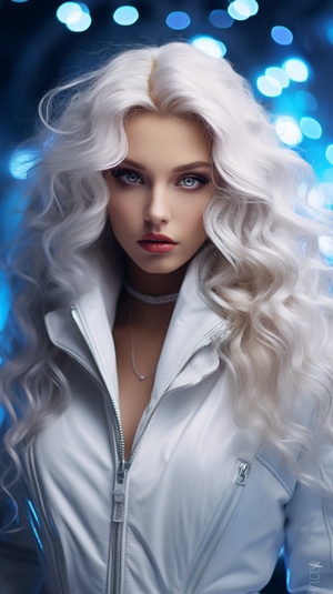 New Year's Snow maiden in white leather clothes in cyberpunk style,gorgeous beauty,with super long snow-white wavy hair and lilac eyes, super realistic,8k,raw style,stylize 750