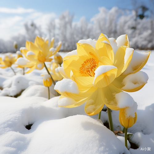 冰雪皑皑中的黄色雪莲