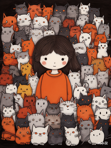 A lot of cats surrounding a cute little girl