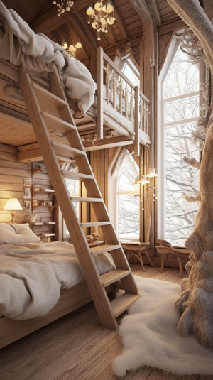 https:s.mj.run1szezKdhw24 one bedroom, with a tree and stairs, fairytale style, snow view, rustic naturalism, clean and tidy bunk bed, torn nest, study, taupe durand, multi-storey size. 0 ar 2:3 v 6.0