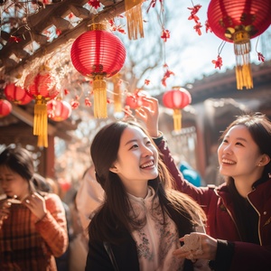 年轻人中国人在他们的屋子晒太阳，灯笼和花字的风格，闪亮的眼睛，喜庆图案，富有表现力的面孔，生动的中国传统春节过年喜庆场景，喜庆的颜色和洋红色，螺旋，冬季，全景图，超高清，拍照、高清，最佳画质，高画质，高细节，高清，疯狂的细节，超高清画质