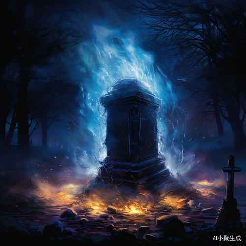 墓地神秘的蓝色火焰和龙骨头