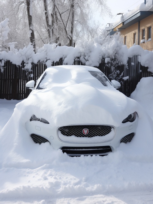 现实场景，雪停了，屋顶上车上地上都是厚厚的雪，洁白无瑕，门前停的车上面也被厚厚的雪积压，车头上有厚厚的雪即将滑落，超厚雪景，一辆雪景房，一辆车被雪埋葬，车头有用雪堆的老虎头要滑落，超真实，超高清，