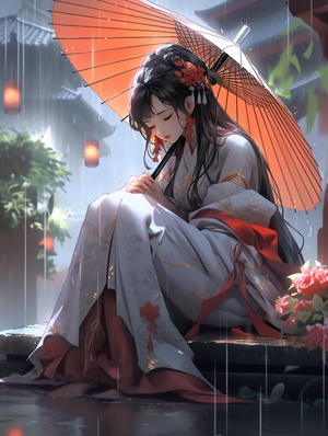 雨天，一个中国古代美丽的女子打伞蹲在地上，很伤心的样子，姿势优美一点，唯美，高清