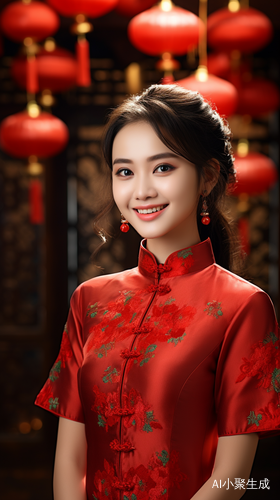 大师级摄影-20岁中国女孩穿着红仓旗袍超逼真