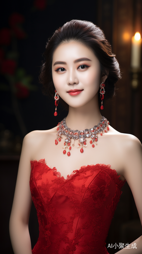 正面照，20岁中国女孩真人，面带微笑，穿着红色婚纱礼服