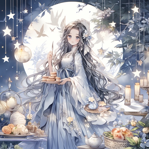 星星，Starry sky, star, moon, full moon, a maiden, magic robe (dress), crystal pendant, wreath hairband, hairpin, super-long hair, black hair, best quality, best light, soft and delicate lighting, halo, night, masterpiece, delicacy and beauty, smile, sapphire eyes, gradient eyes, bangs, roses (yellow, white, red, blue), delicate plates, food, moon cakes Snowflakes, plants, swings,蜡笔风格