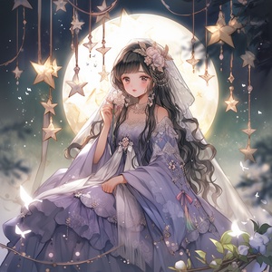 星星，Starry sky, star, moon, full moon, a maiden, magic robe (dress), crystal pendant, wreath hairband, hairpin, super-long hair, black hair, best quality, best light, soft and delicate lighting, halo, night, masterpiece, delicacy and beauty, smile, sapphire eyes, gradient eyes, bangs, roses (yellow, white, red, blue), delicate plates, food, moon cakes Snowflakes, plants, swings,蜡笔风格