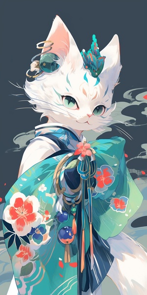 3D中国风，金色的祥云装饰物，sms a cat on a blue and green oriental paper wallpaper, in the style of unreal engine 5, charming character illustrations, 32k uhd, zbrush, golden palette, inventive character designs, elaborate kimono ，an illustration of an cat with green eyes, in the style of asian inspired, 32k uhd, whimsical cats, zbrush, charming character illustrations, elaborate kimono, manticore