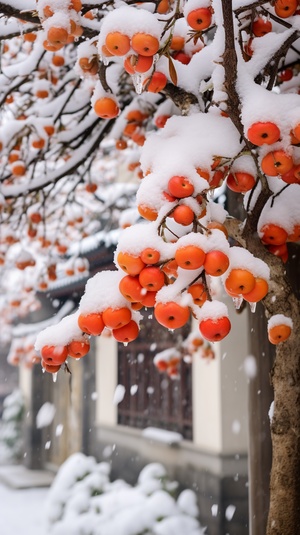 柿子树下的江南雪花摄影