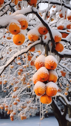 柿子树下的江南雪花摄影