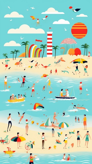 Colorful Beach Scenes with Bold Lines and Bright Colors